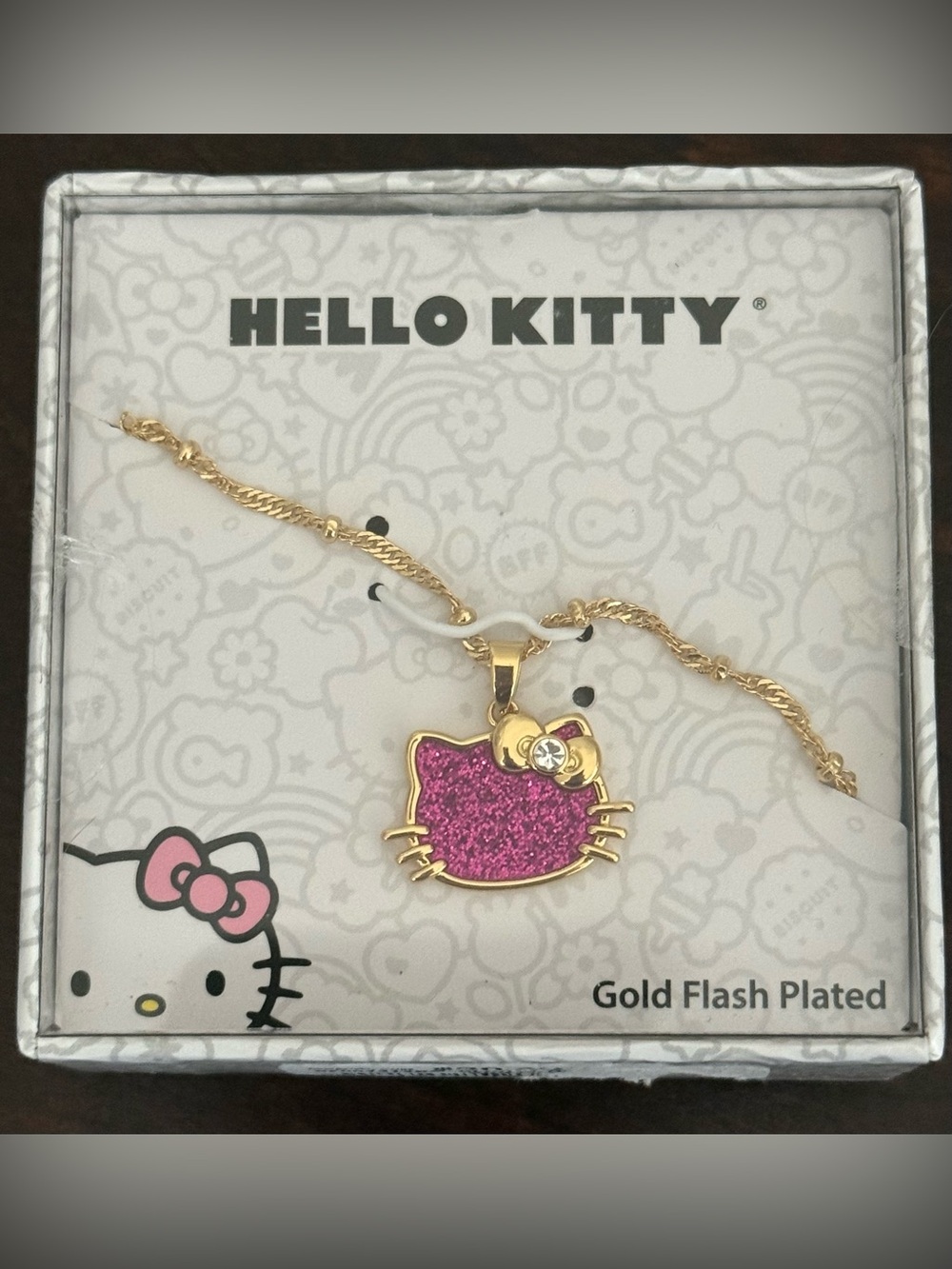 Hello Kitty Gold-Tone Pink Glitter Face Pendant Necklace